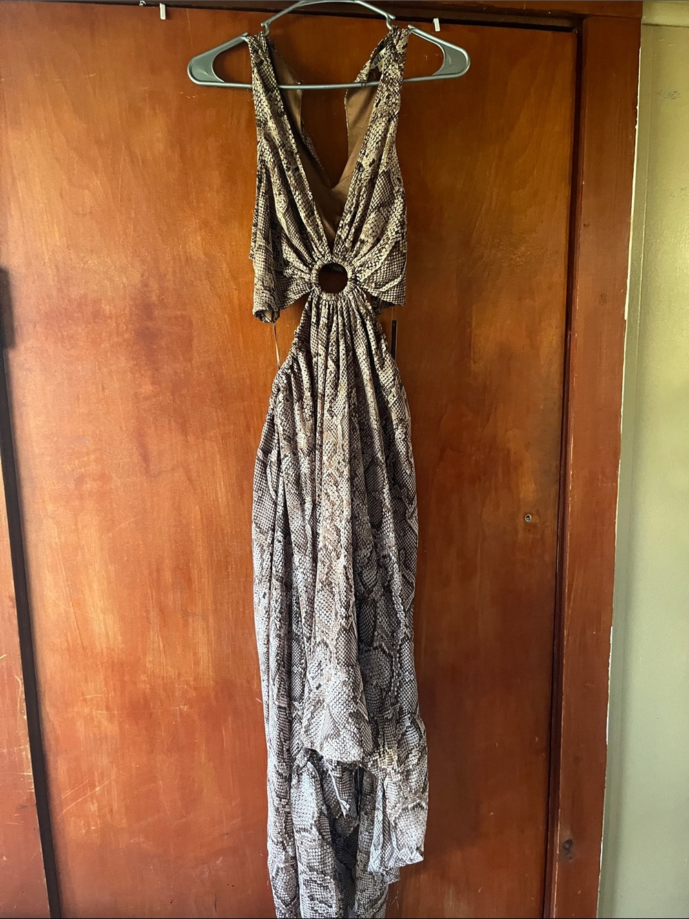 Blush Brown and Black Snake-Print High-Low Maxi Dress